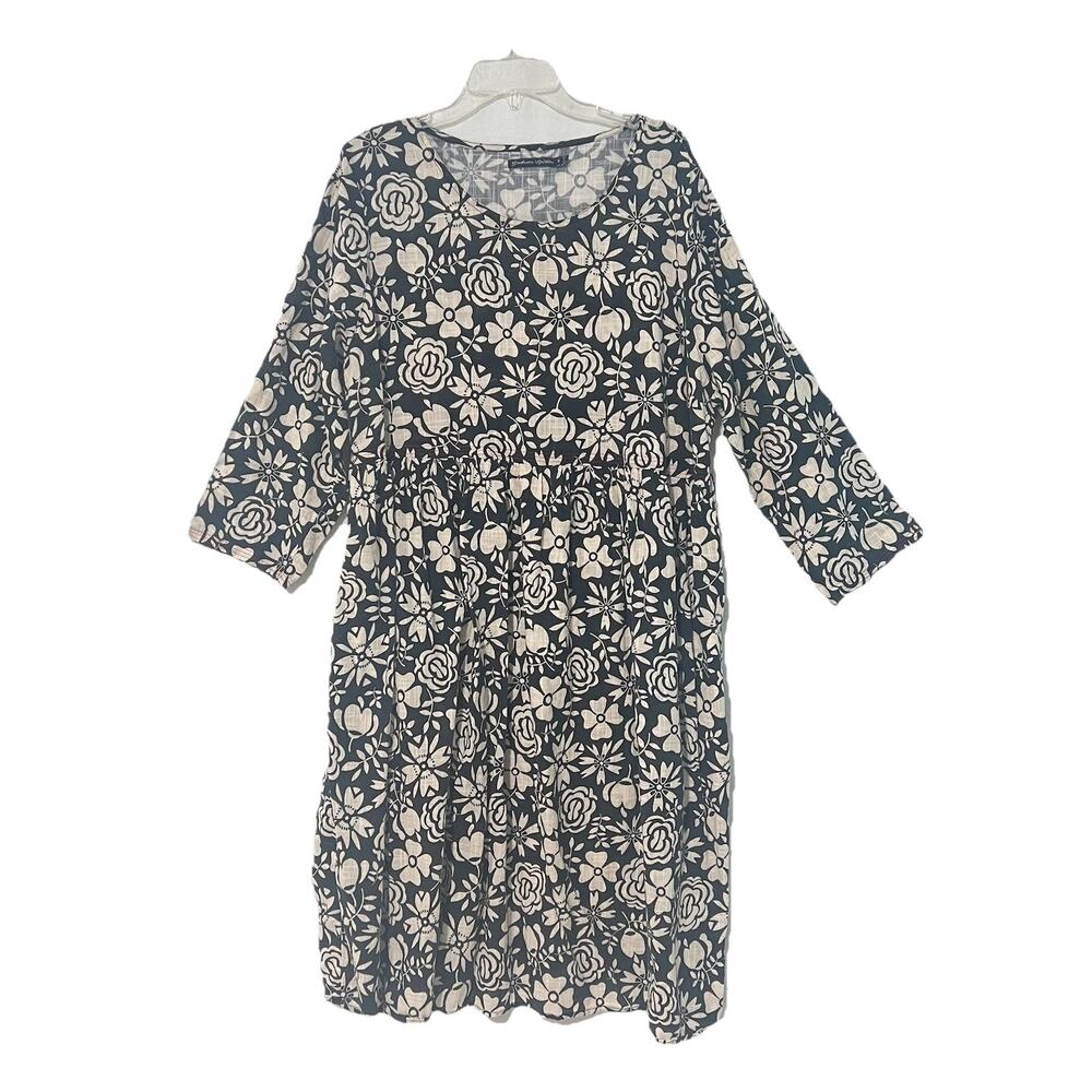 Gudrun Sjoden Grey Floral Midi Dress 100% Cotton Size XL Pockets Cottagecore EUC